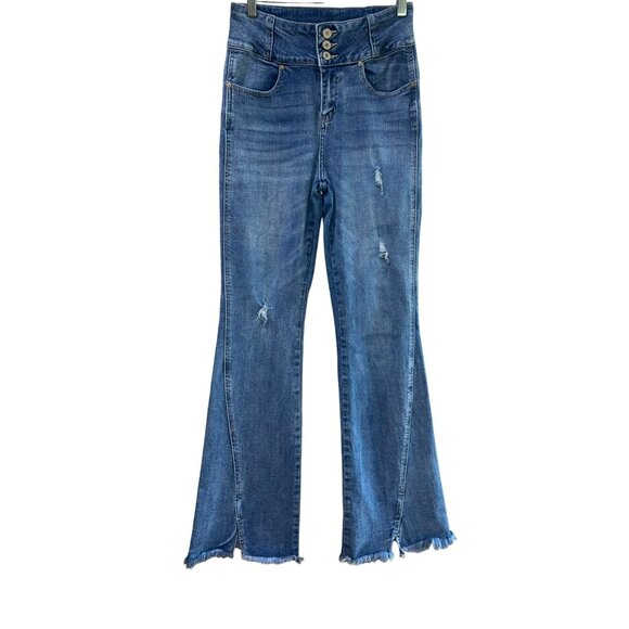 KanCan Womens Distressed Flare Durkin Jeans High Rise Raw Hem Size 7/27 BOHO - Picture 2 of 11